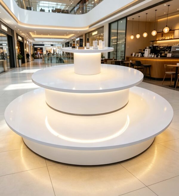 retail display stands (3) Gloss pure white three-tier circular tiered LED lighted retail island display table Lexio Display for cosmetic boutique and shopping mall pop-up showcase