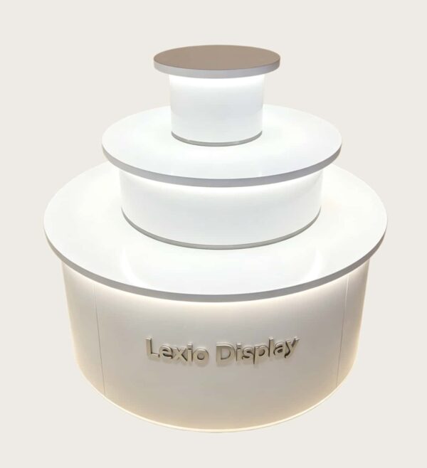 Light blue white three-tier cylindrical LED glowing retail island display stand Lexio Display for electronics cosmetic boutique and mall pop-up showcase