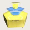 retail display stands (4) Hexagonal three-tier LED edge lighted island display stand glossy yellow blue with storage cabinet Lexio Display for shopping mall pop-up and product promotion