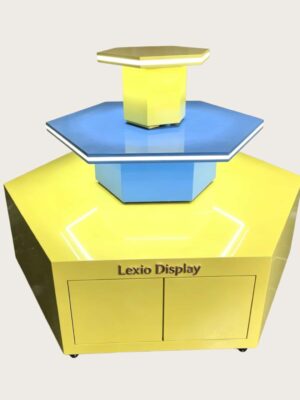 retail display stands (4) Hexagonal three-tier LED edge lighted island display stand glossy yellow blue with storage cabinet Lexio Display for shopping mall pop-up and product promotion