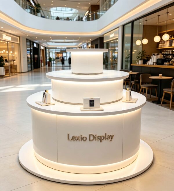 Light blue white three-tier cylindrical LED glowing retail island display stand Lexio Display for electronics cosmetic boutique and mall pop-up showcase