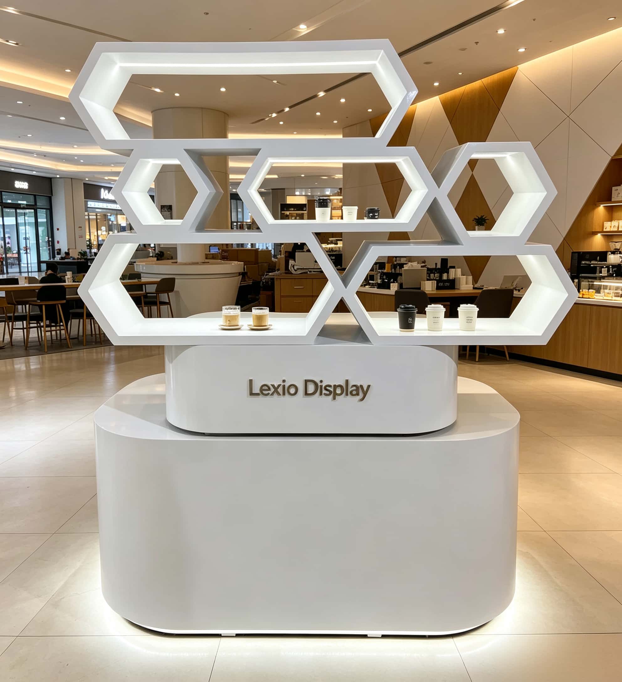White glossy honeycomb hexagon LED lighted retail island display stand curved base Lexio Display for mall café and beverage product pop-up promotion