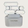 White glossy honeycomb hexagon LED lighted retail island display stand curved base Lexio Display for mall café and beverage product pop-up promotion