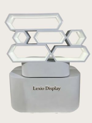retail display stands (6) White glossy honeycomb hexagon LED lighted retail island display stand curved base Lexio Display for mall café and beverage product pop-up promotion