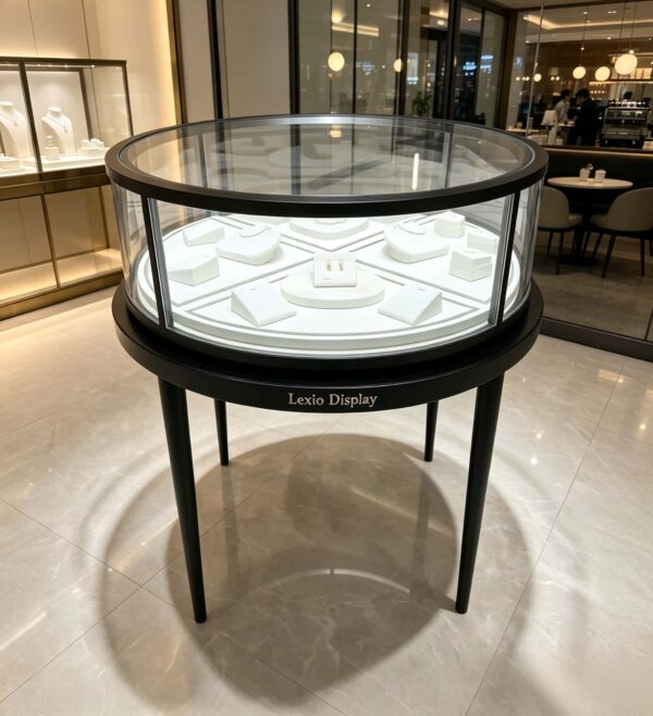 retail display stands (7) Round glass top jewelry display showcase black metal frame tapered legs white velvet interior Lexio Display for luxury jewellery boutique retail