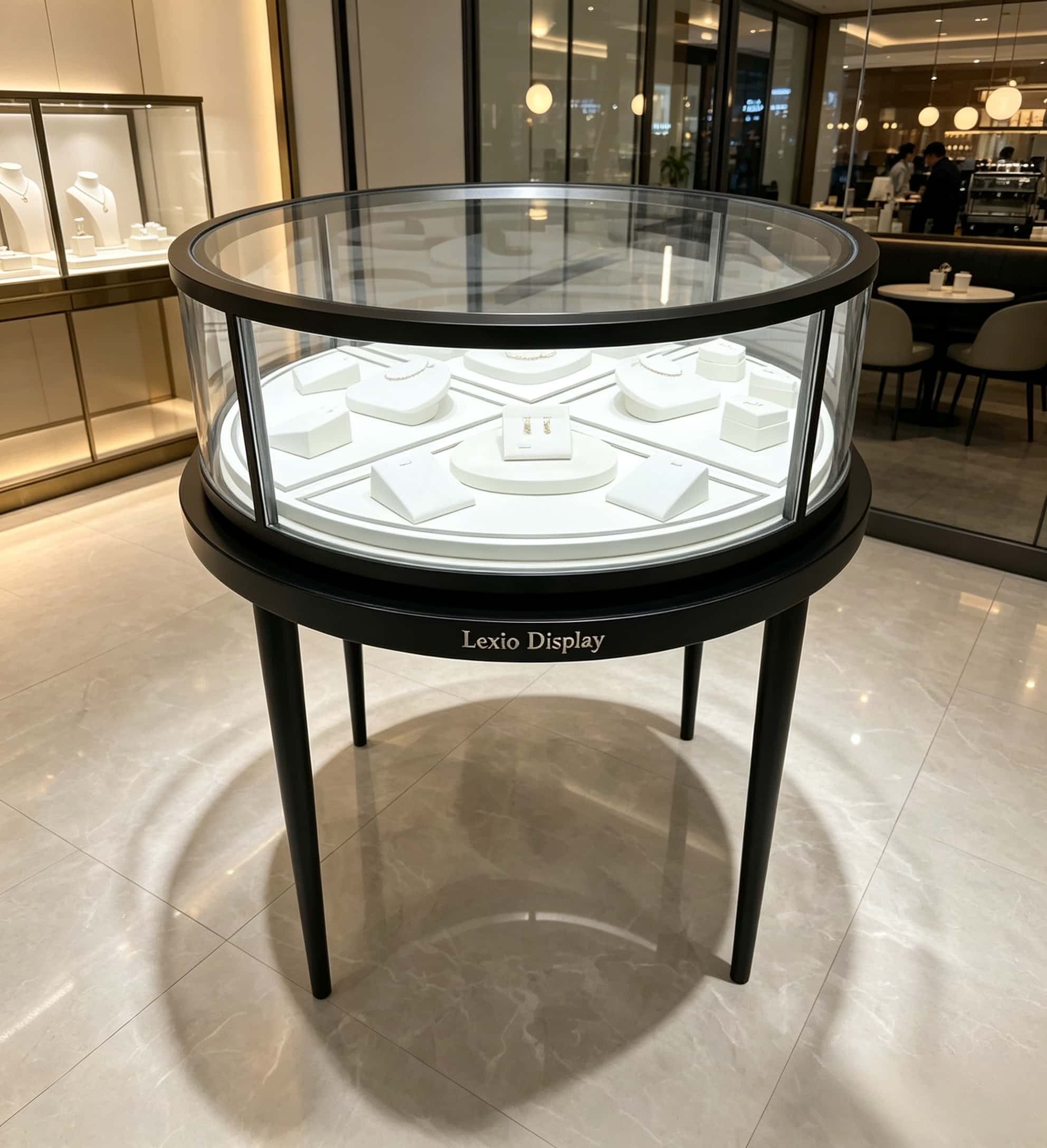 Round glass top jewelry display showcase black metal frame tapered legs white velvet interior Lexio Display for luxury jewellery boutique retail