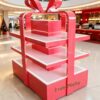 retail display stands (7) Glossy red gift box shaped three-tier LED lighted retail island display stand with decorative bow Lexio Display for mall seasonal holiday gift promotion