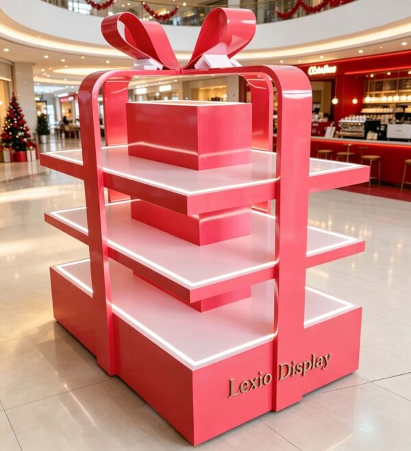 retail display stands (7) Glossy red gift box shaped three-tier LED lighted retail island display stand with decorative bow Lexio Display for mall seasonal holiday gift promotion