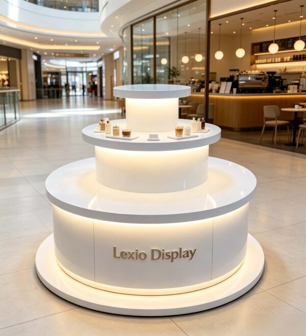Light blue white three-tier cylindrical LED glowing retail island display stand Lexio Display for electronics cosmetic boutique and mall pop-up showcase