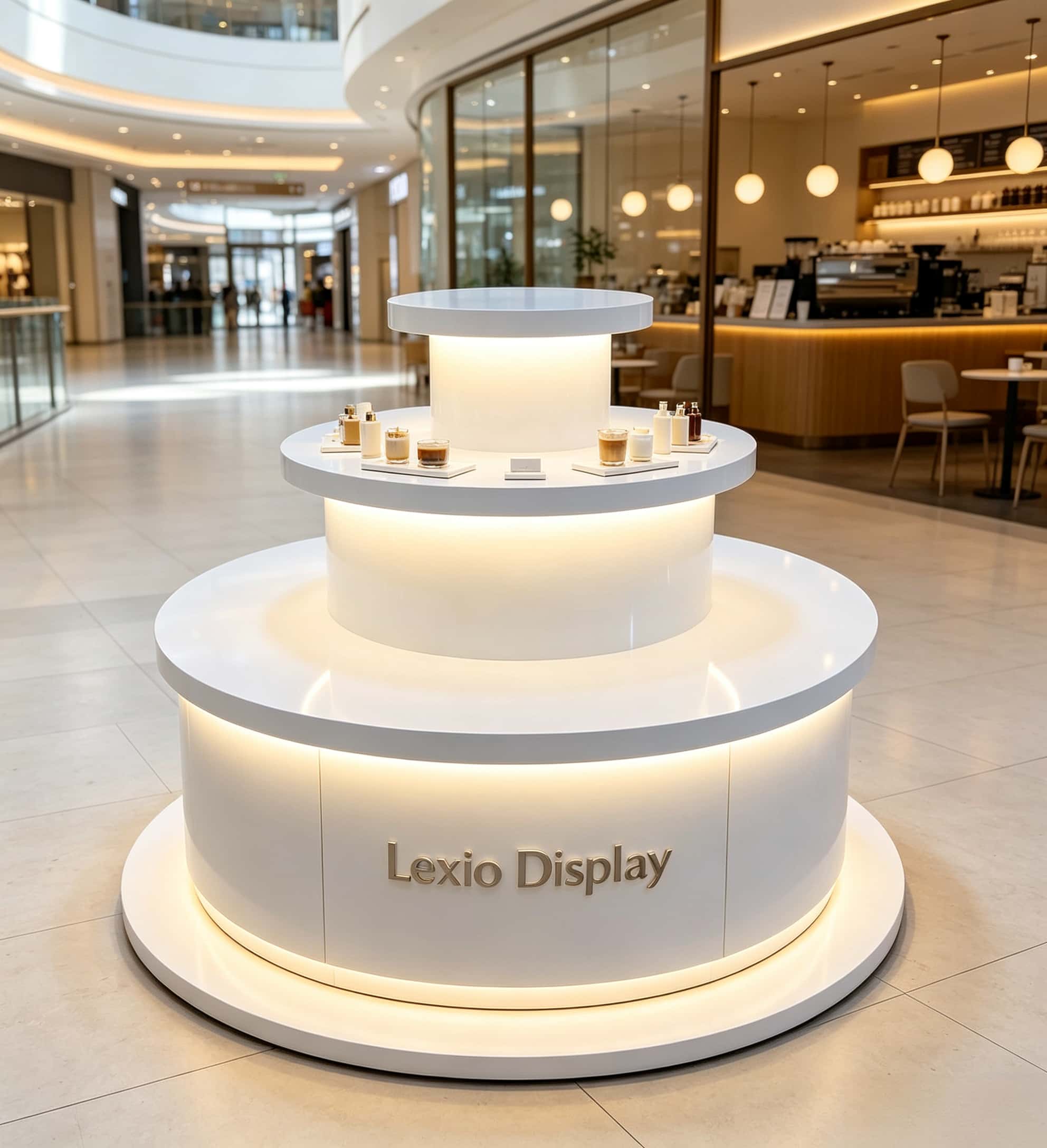 Light blue white three-tier cylindrical LED glowing retail island display stand Lexio Display for electronics cosmetic boutique and mall pop-up showcase