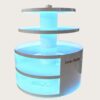 retail display stands (9) Round three-tier LED lighted retail island display stand white glossy with glowing base shelves Lexio Display for shopping mall cosmetics and electronics promotion