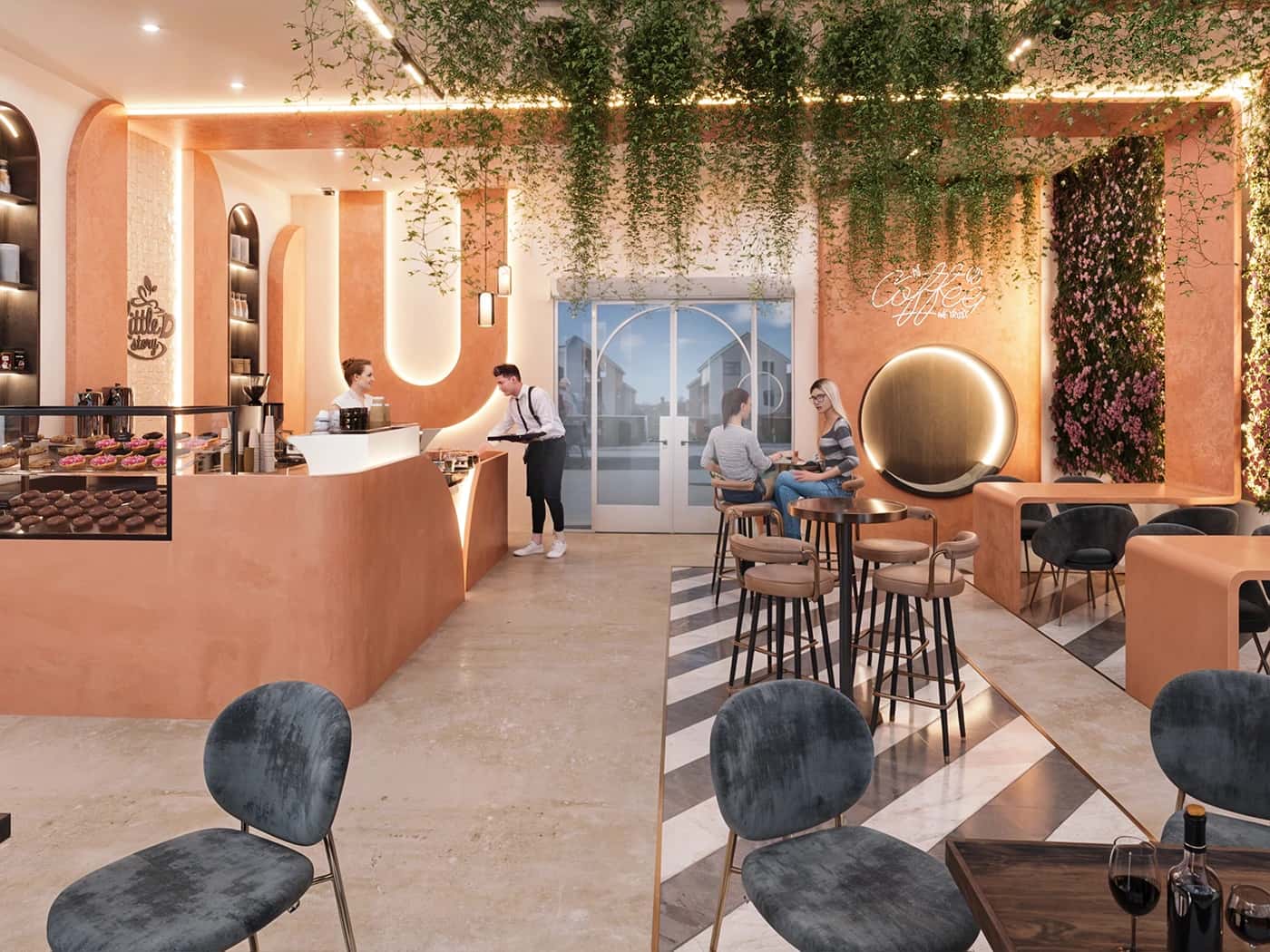Biophilic Cafe Design: Plants + Warm Terracotta Tones