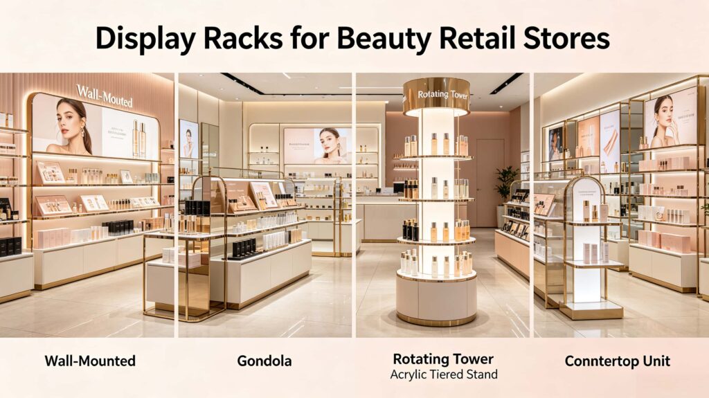 What are the different types of display racks available for retail stores?