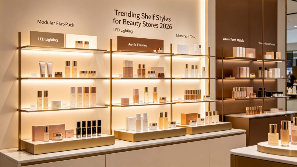 What are the trending shelf styles for beauty stores in 2026?