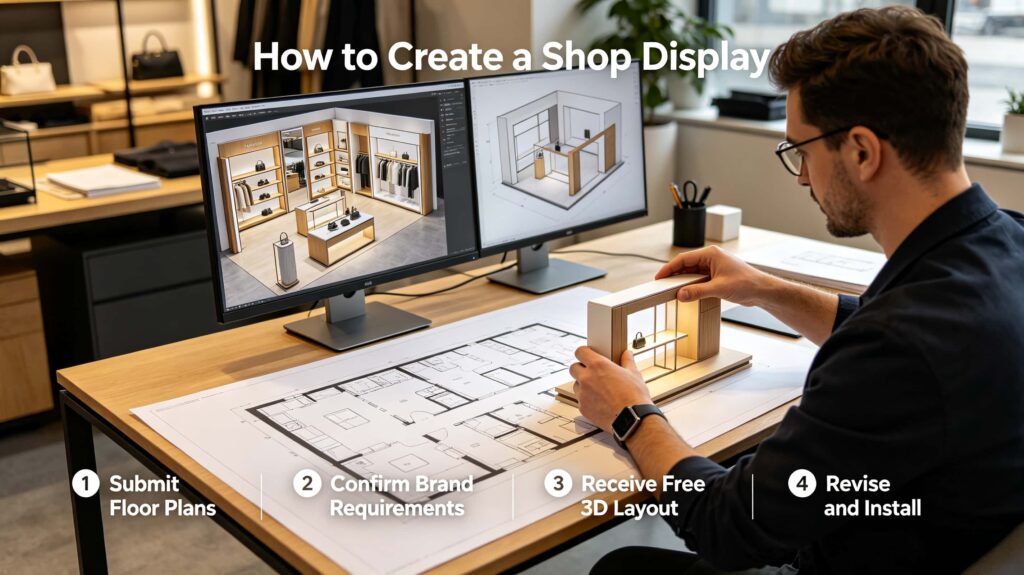 How to create a shop display? (Emphasize sending floor plans for 3D layouts)