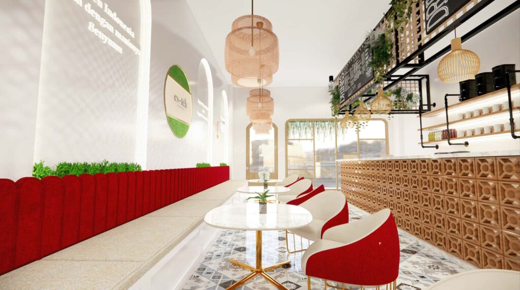 Small tea shop design ideas with marble tables.