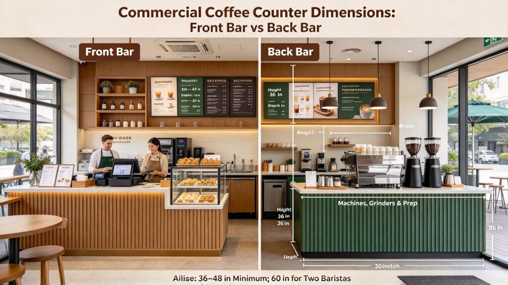Commercial Coffee Counter Dimensions: Front Bar vs Back Bar