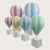 Fiberglass striped pastel hot air balloon sculptures with white square plinth bases Lexio Display for shopping mall, wedding, event photo prop decoration