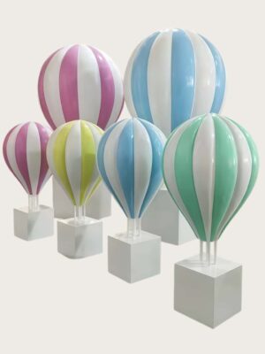 Fiberglass striped pastel hot air balloon sculptures with white square plinth bases Lexio Display for shopping mall, wedding, event photo prop decoration