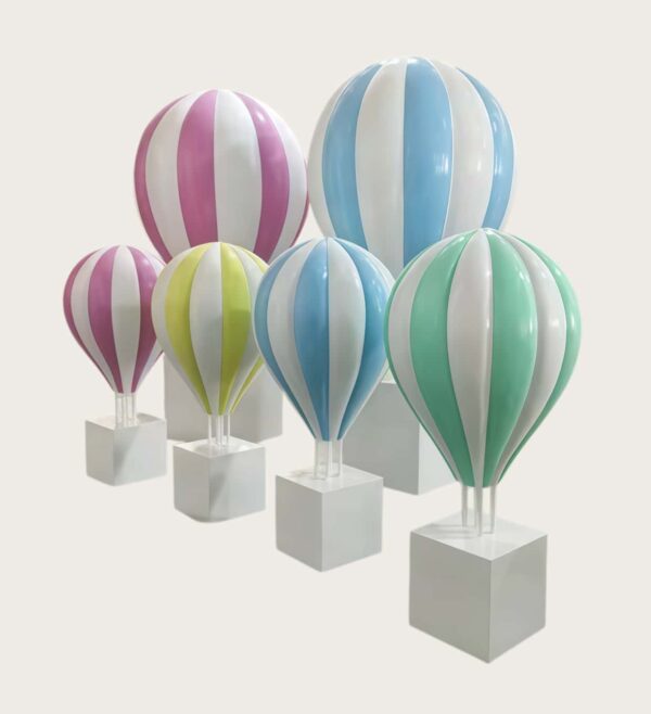 Fiberglass striped pastel hot air balloon sculptures with white square plinth bases Lexio Display for shopping mall, wedding, event photo prop decoration