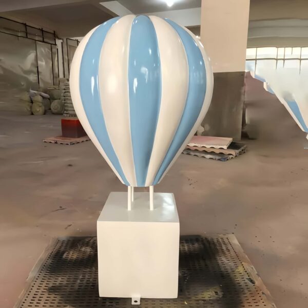 Fiberglass striped pastel hot air balloon sculptures with white square plinth bases Lexio Display for shopping mall, wedding, event photo prop decoration