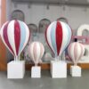 Fiberglass striped pastel hot air balloon sculptures with white square plinth bases Lexio Display for shopping mall, wedding, event photo prop decoration