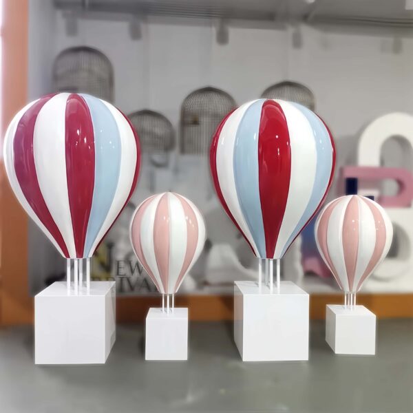 Fiberglass striped pastel hot air balloon sculptures with white square plinth bases Lexio Display for shopping mall, wedding, event photo prop decoration