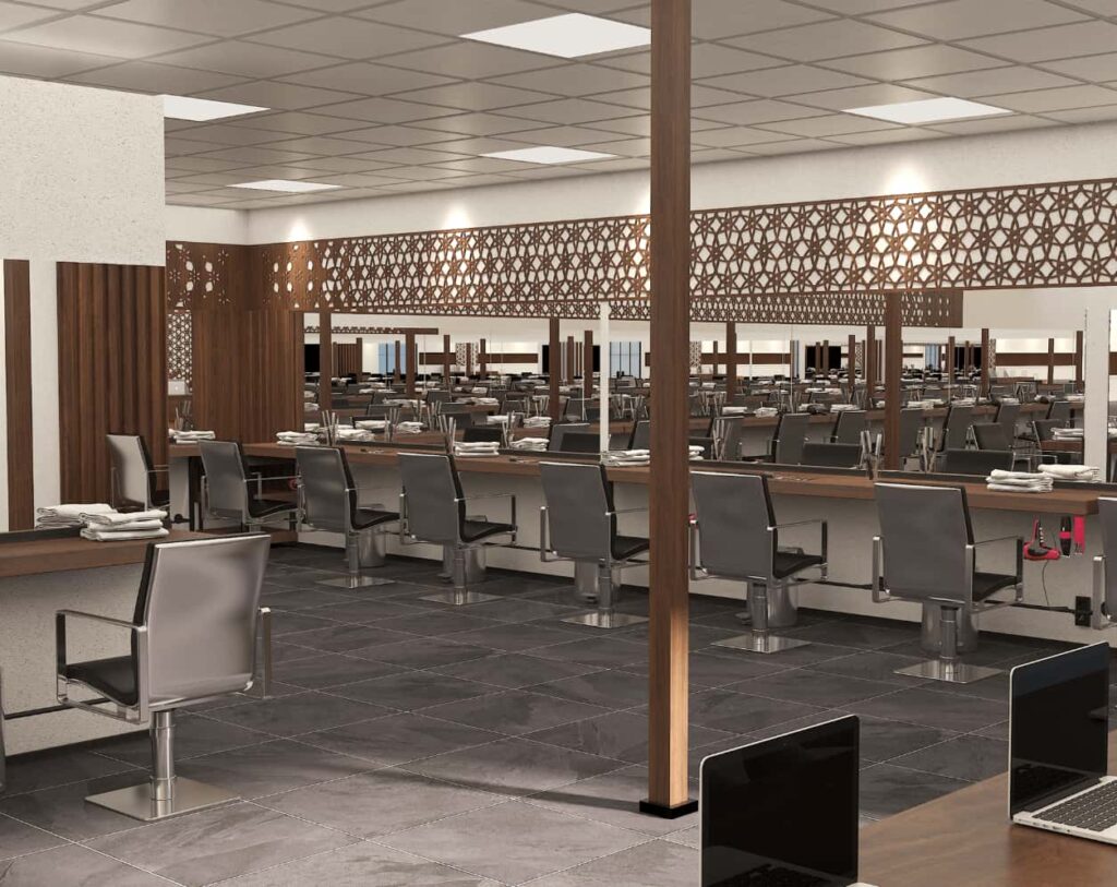 Spacious Men Grooming Salon Interior Design with Arabic Geometric Wood Screens