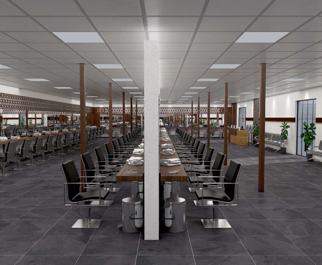 Large-Scale Men’s Barbershop Fit-out with Custom Wood Barber Stations & Reception Counter