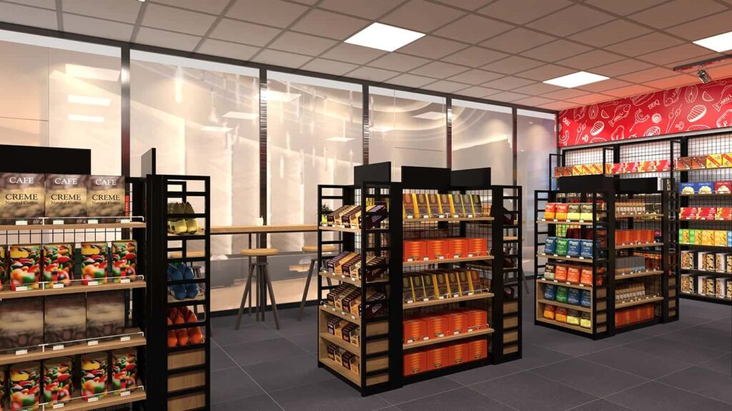 Full Grocery Shop Fixture Package: Aisles Shelving, Checkout Counter & Cold Display