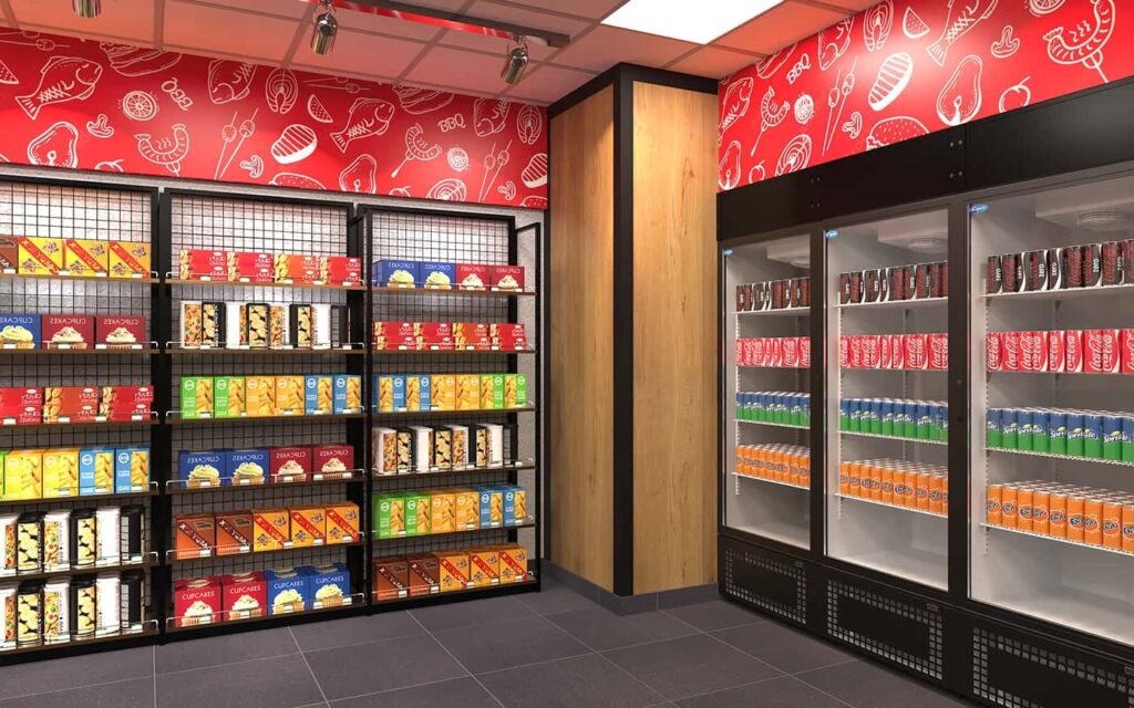 Modern Convenience Store Fit-out with Metal & Wood Grocery Shelving