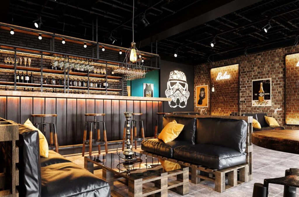 1. Industrial Style Bar Interior & Custom Bar Counter Project