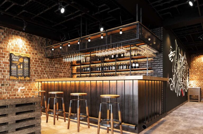 Exposed Brick Pub Fit-out with Metal Wine Display Racks