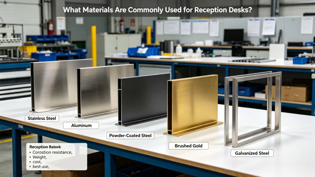 What materials are commonly used for reception desks?