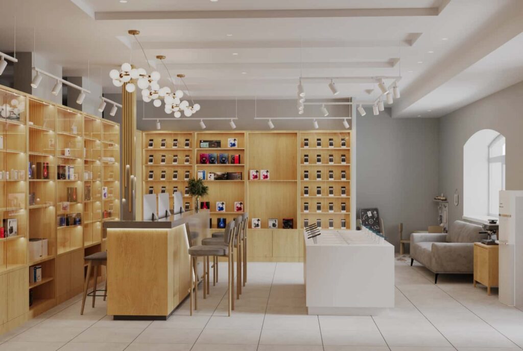 Light Wood Display Cabinets for Electronics Retail Stores