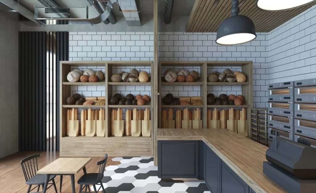 Bakery Shop Interior Project: Wooden Bread Shelving & Glass Display Cabinets