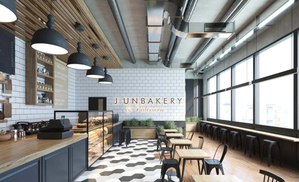 Bright Open Bakery Shop Design with White Tile & Wood Finishes