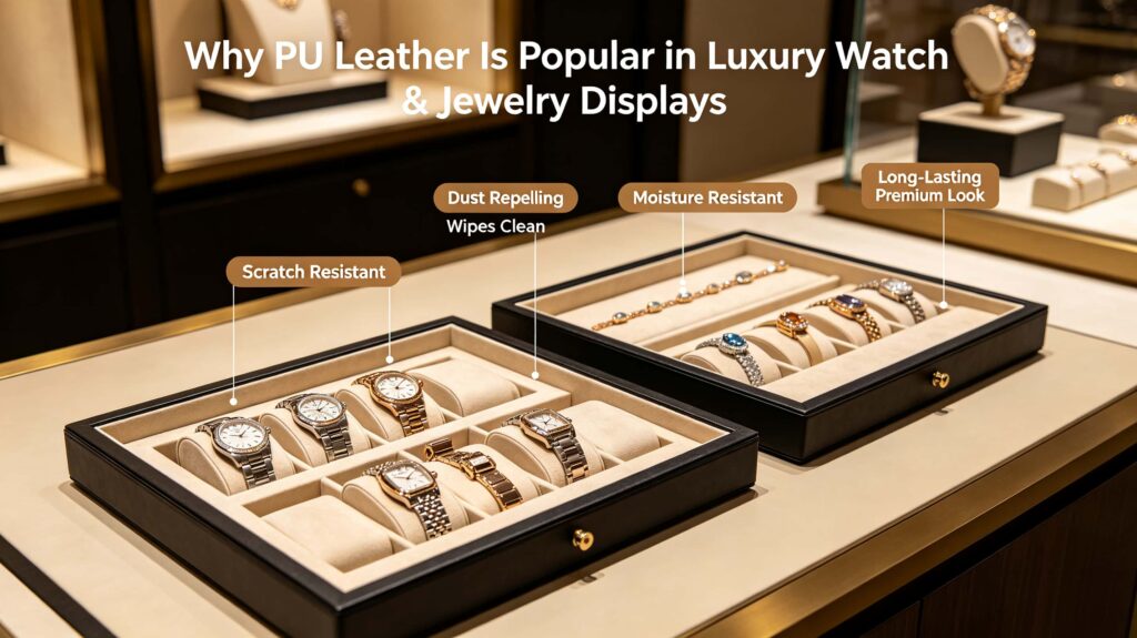 Why is PU leather lining popular in luxury watch and jewelry displays?