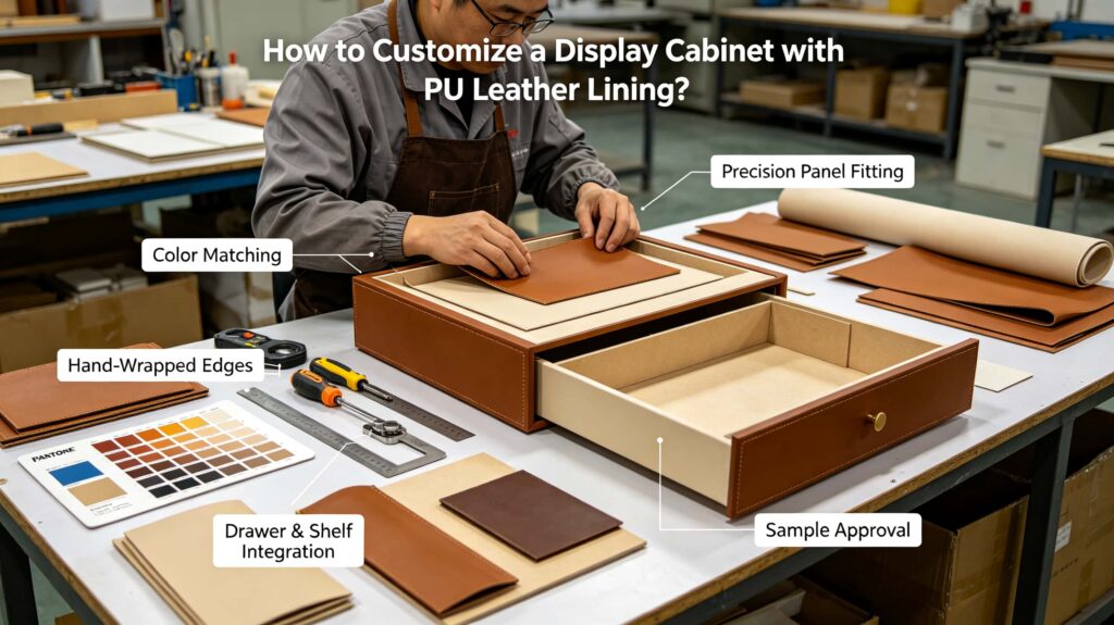 How to customize a display cabinet with PU leather lining?