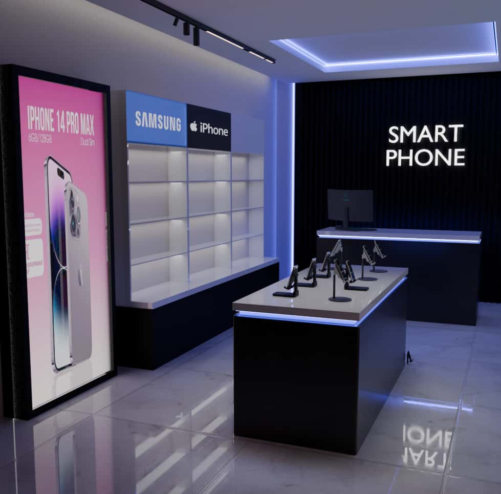 1. Modern Dark Smartphone Store: Custom Retail Fixture Design