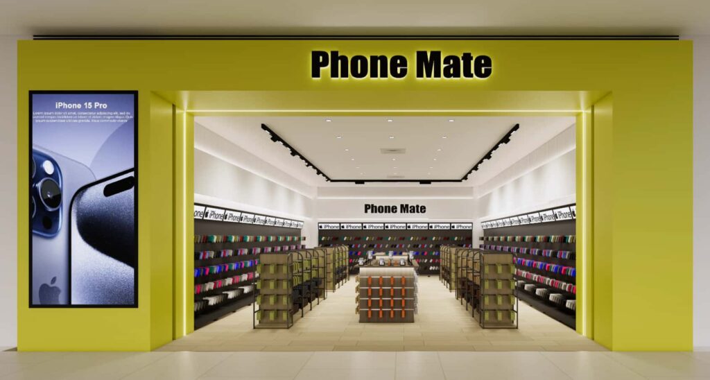 1. Bright Yellow Frontage Phone Shop Design Case