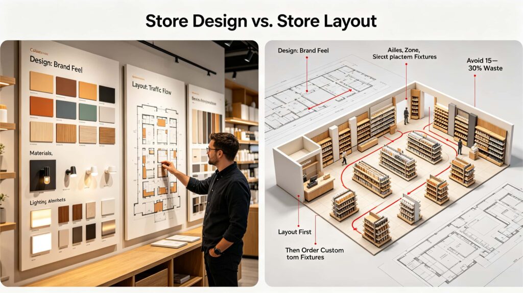 What is the difference between store design and store layout?