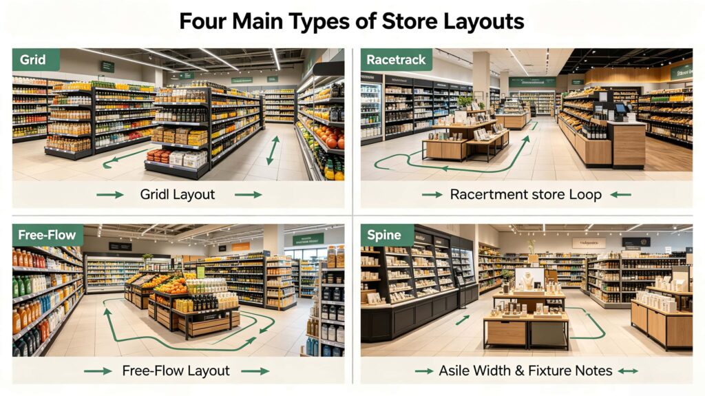 What are the four main types of store layouts?