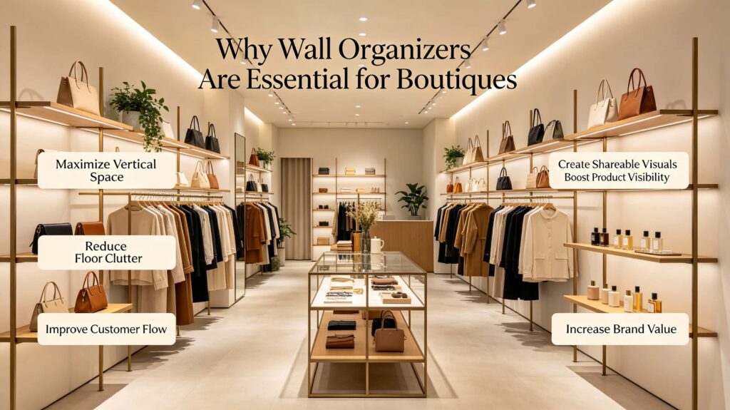Why are wall organizers essential for boutique retail spaces?