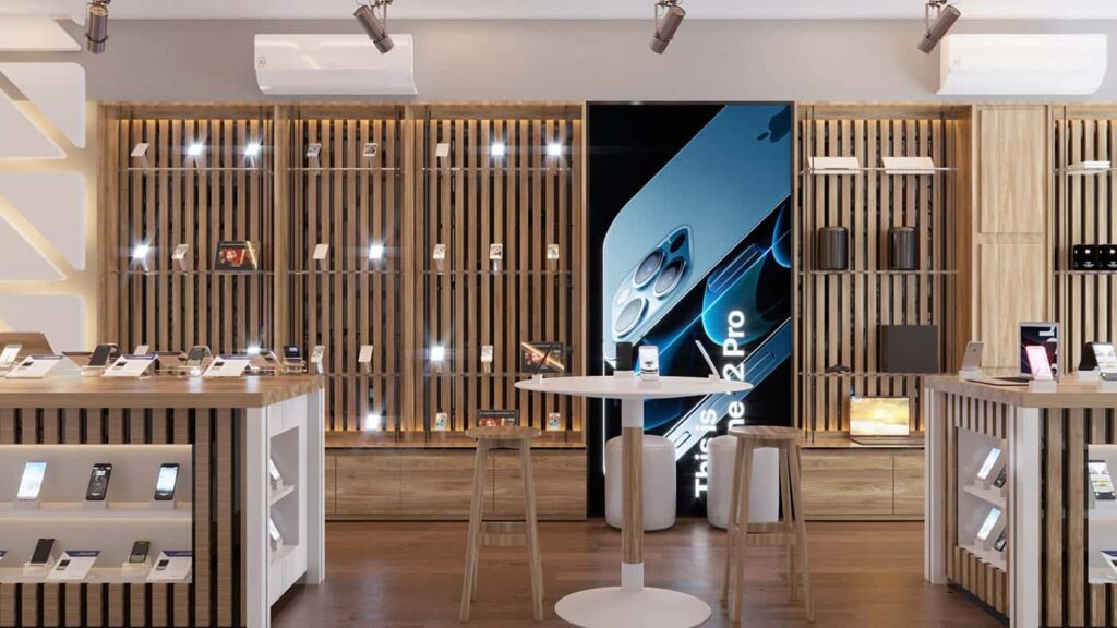 Warm Wood-Tone Mobile Store Fit-out | Custom Slat Wall Displays & LED Logo Reception Counter