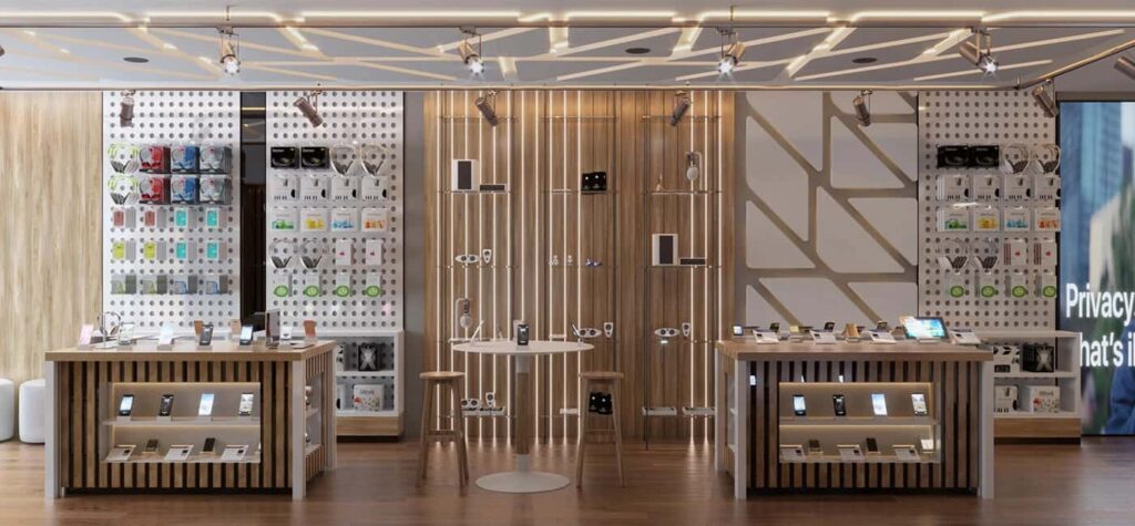 Complete Cell Phone Store Furnishing Package – Demo Counters, Accessory Shelving & Branded Reception Desk