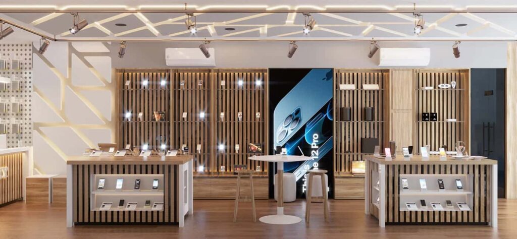 Natural Wood Mobile Shop Case Study: Custom Fixtures for Smartphones, Laptops & Tech Accessories