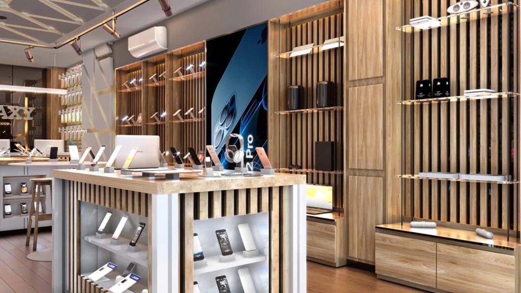 Complete Cell Phone Store Furnishing Package – Demo Counters, Accessory Shelving & Branded Reception Desk