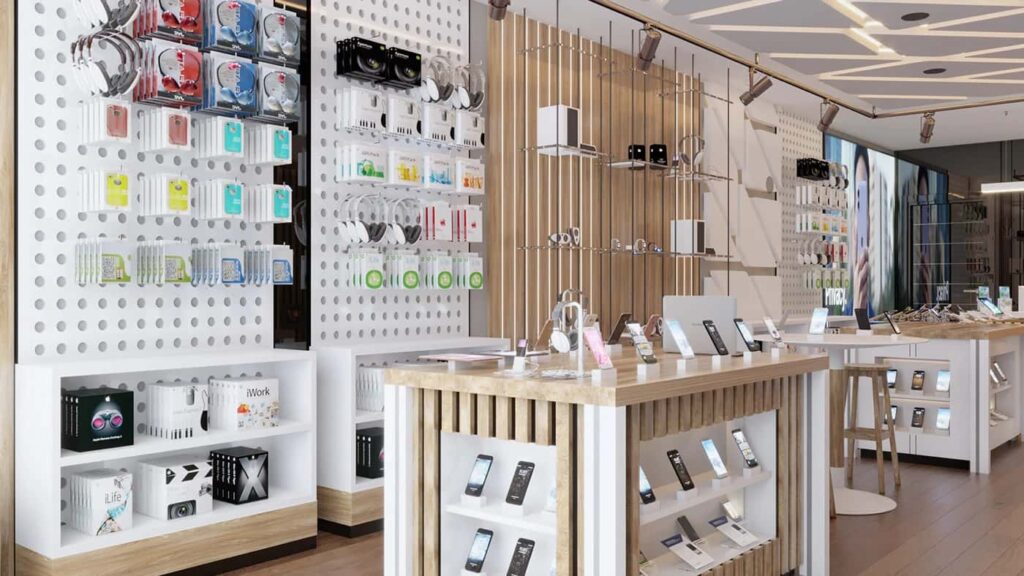 Modern Electronics Retail Interior Design with Timber Slat Backwalls & Spotlight Product Displays