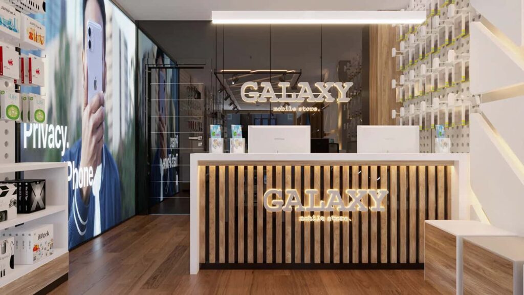 Galaxy Mobile Shop Fixture Project: Wooden Island Demo Tables & Perforated Pegboard Accessory Walls